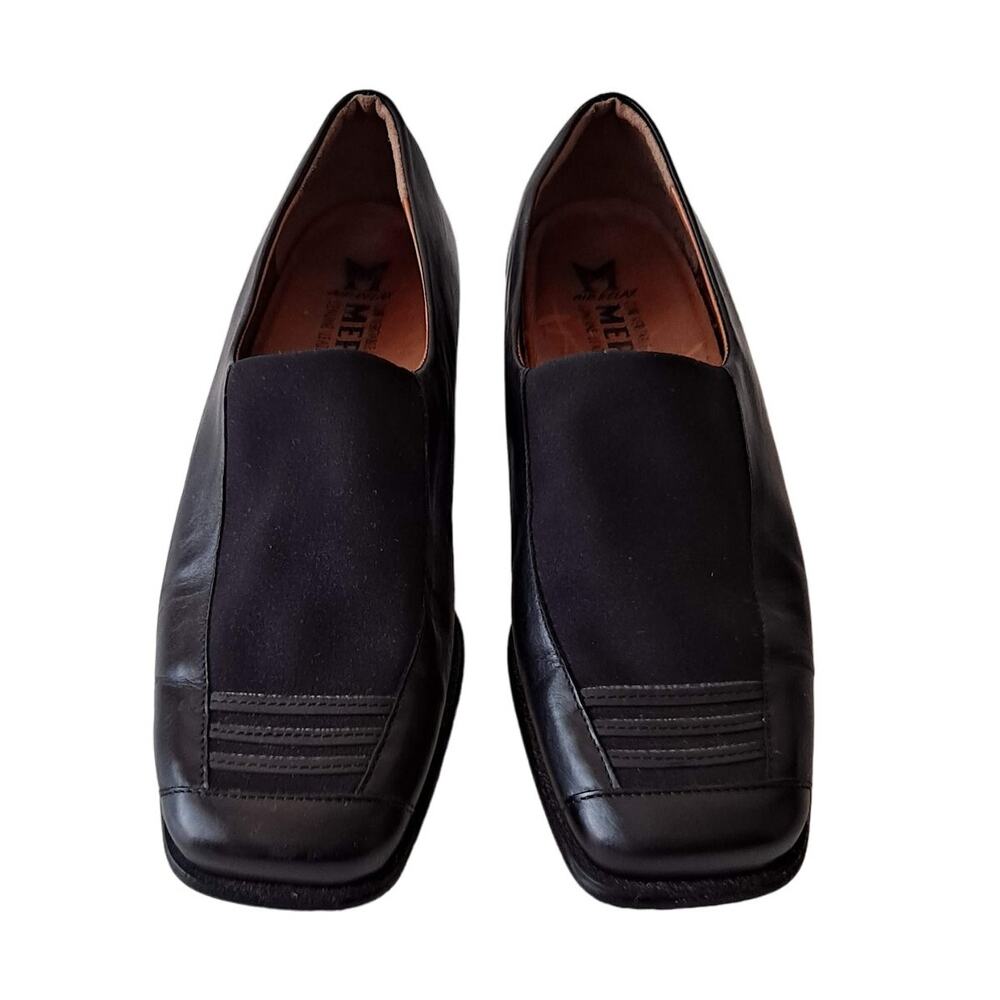 Mephisto Black Leather Stretch Panel Slip On Square Toe Heeled Loafers Womens 7